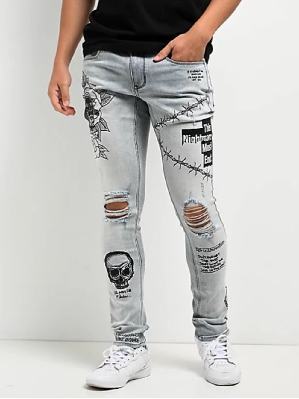 NINTH HALL - Rogue Printed Light Blue Aged Skinny Jeans